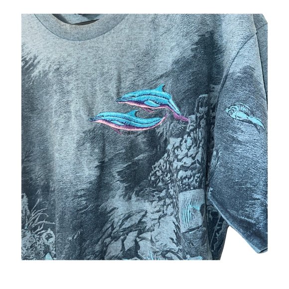 vintage 90s embroidered dolphin single stitch all over print ocean tshirt large - Picture 4 of 10